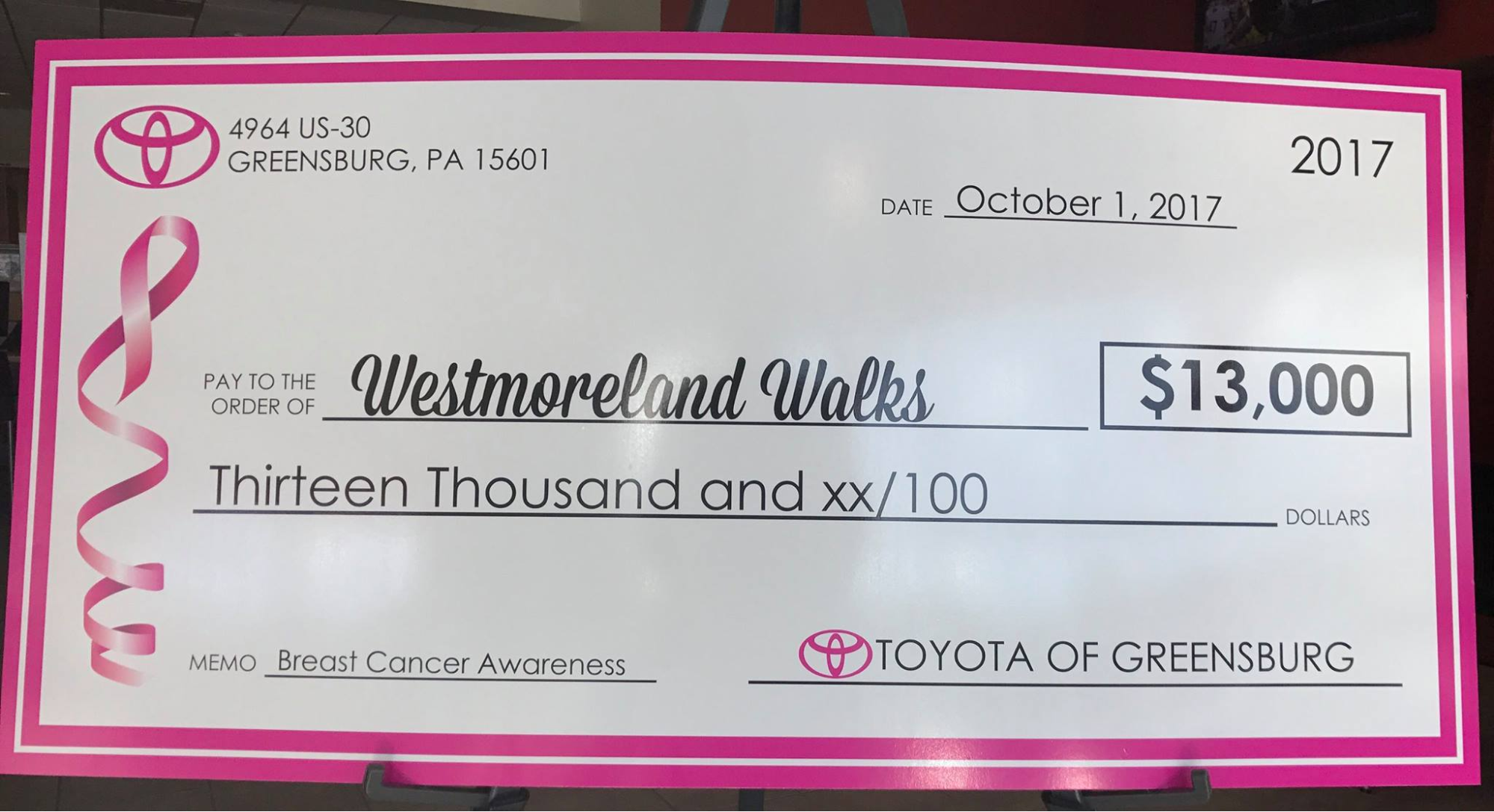 Westmoreland Walks Toyota of Greensburg Donation